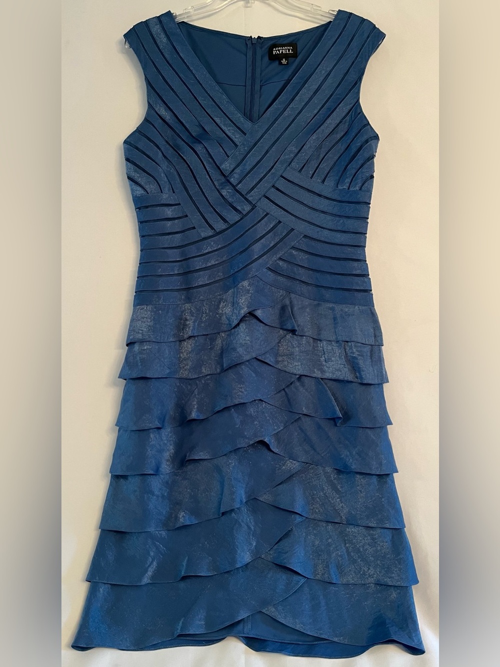 Adrianna Papell Shimmer Blue Ruffle Sheath Dress 12